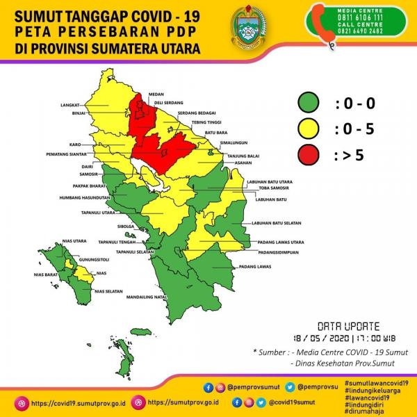 Peta Persebaran PDP di Provinsi Sumatera Utara 18 Mei 2020 